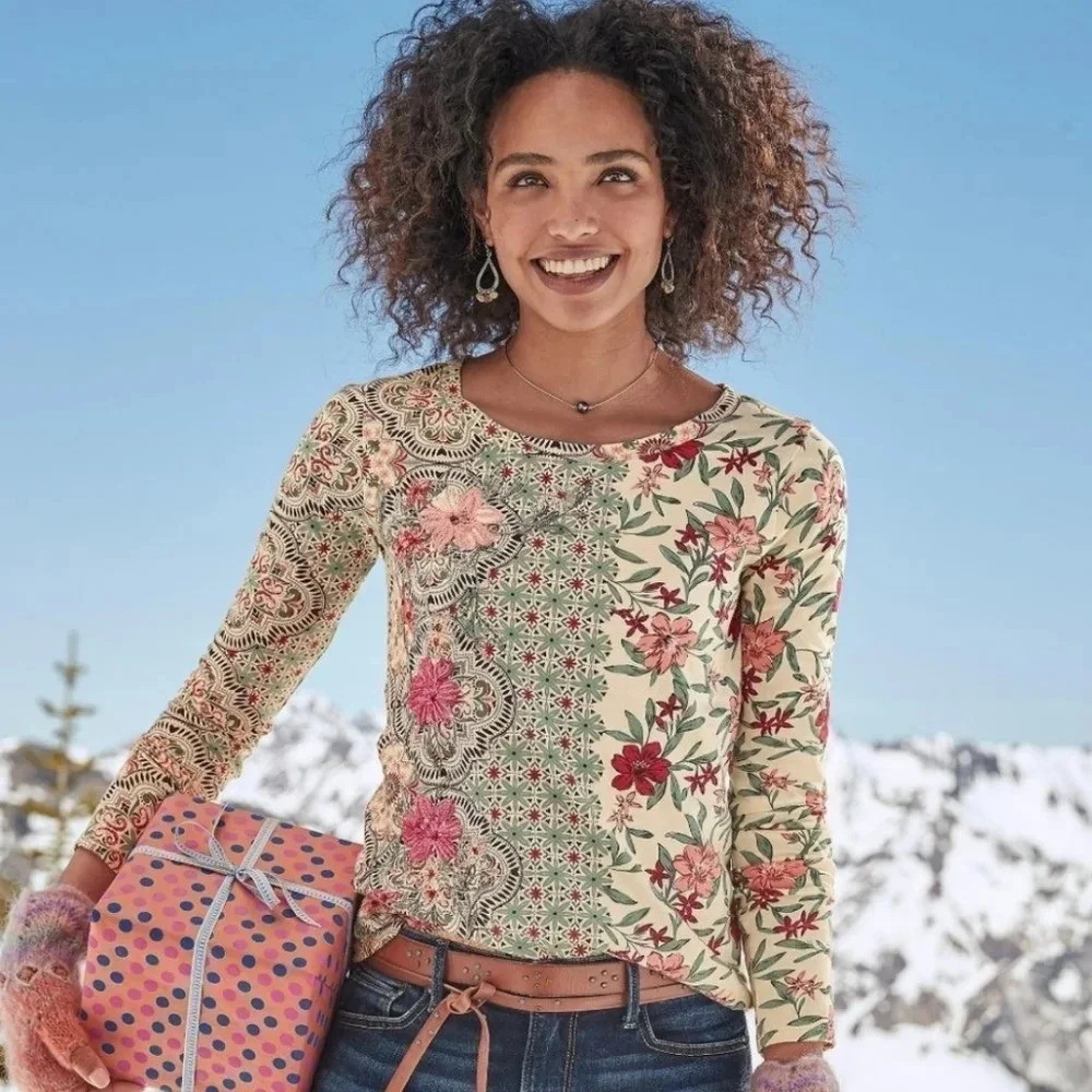 Sundance Delightful Details Floral Medallion Print Embroidered Sequin Top Size S